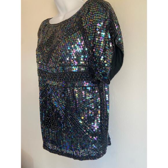 Vintage Silk SequinTop Black Iridescent Short Sleeve Blouse Party Art Deco NYE - Picture 4 of 6
